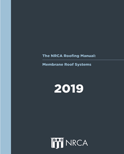 Cover of the 2019 NRCA Roofing Manual for membrane roof systems with navy blue cover and NRCA logo on bottom