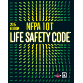 Dark blue cover of 2015 NFPA 101 Life Safety Code book with green and yellow dot pattern design