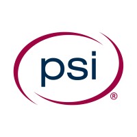 Logo of PSI with lowercase letters in dark blue and a maroon oval swirl on white background