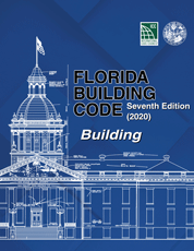 Cover of Florida Building Code Seventh Edition 2020 with architectural blueprint of government building and official seals