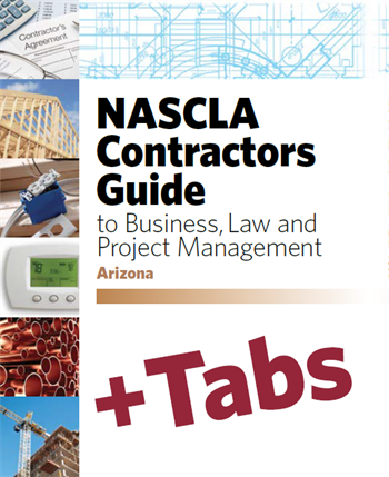 Cover of NASCLA Contractors Guide to Business, Law, and Project Management Arizona 7th Edition with construction and blueprint visuals