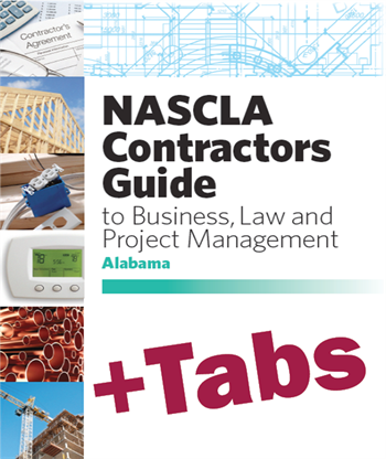 Cover of Alabama NASCLA Contractors Guide to Business, Law and Project Management 3rd Edition with construction-related images and tabs text