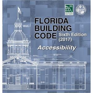 Blue cover of 2017 Florida Building Code Accessibility Sixth Edition with architectural line drawing of a government building