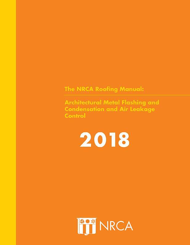 2018 NRCA Roofing Manual cover with orange background and yellow text on metal flashing and air leakage control