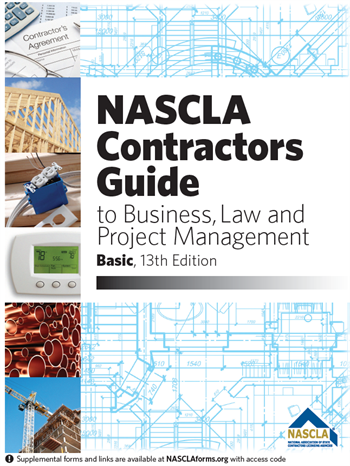Cover of NASCLA Contractors Guide Basic 13th Edition focusing on business, law, and project management with construction images and blueprint background