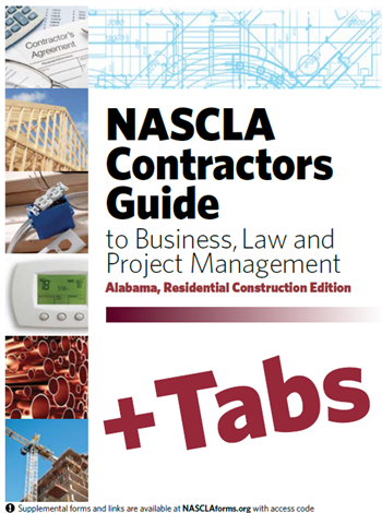 Cover of Alabama NASCLA Contractors Guide for Residential Construction with business, law, and project management focus plus tabs visible