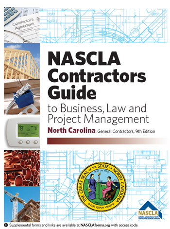Cover of NASCLA Contractors Guide for North Carolina with construction images and official state seal on blueprint background