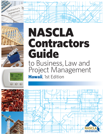 Cover of NASCLA Contractors Guide Hawaii 1st Edition with construction images, business law, project management, and blueprints