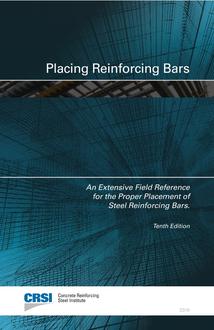 Cover of Placing Reinforcing Bars guide with blue technical drawing background for steel reinforcement placement standards