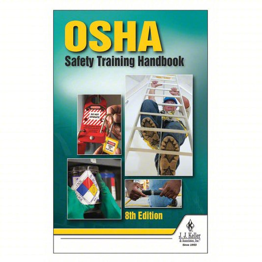 Cover of OSHA Safety Training Handbook 8th Edition with safety images of lockout tagout, ladder climbing, hazard label, and fire safety