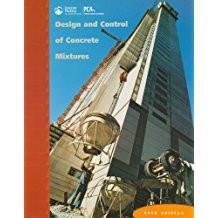 Cover of Design and Control of Concrete Mixtures 14th Edition by Kosmatka and Panarese with high-rise building and construction tools on cover