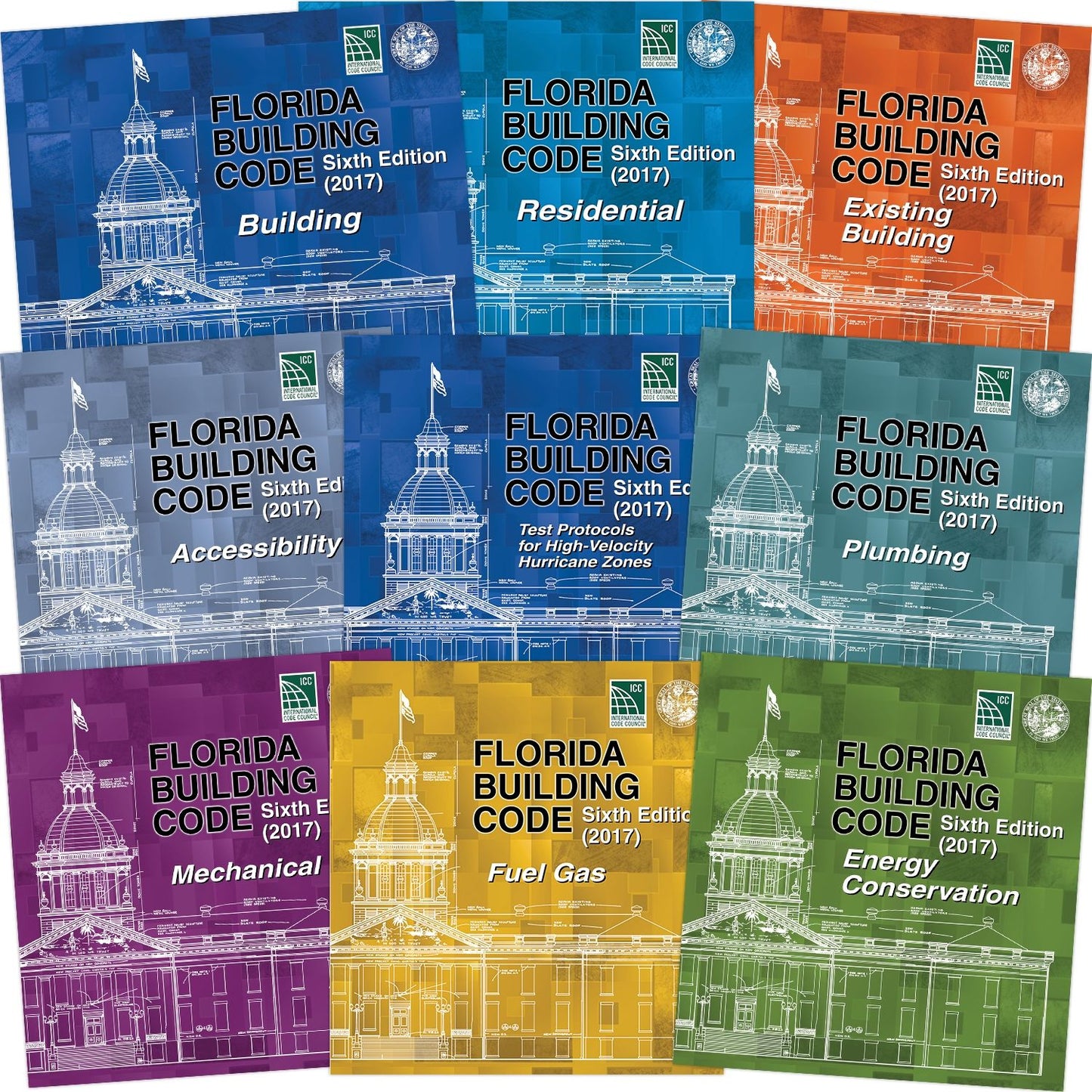 Set of 2017 Florida Building Code sixth edition books covering various construction and safety regulations.