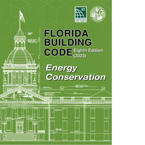 2023 Florida Building Code Energy Conservation edition cover with white architectural blueprint on green background