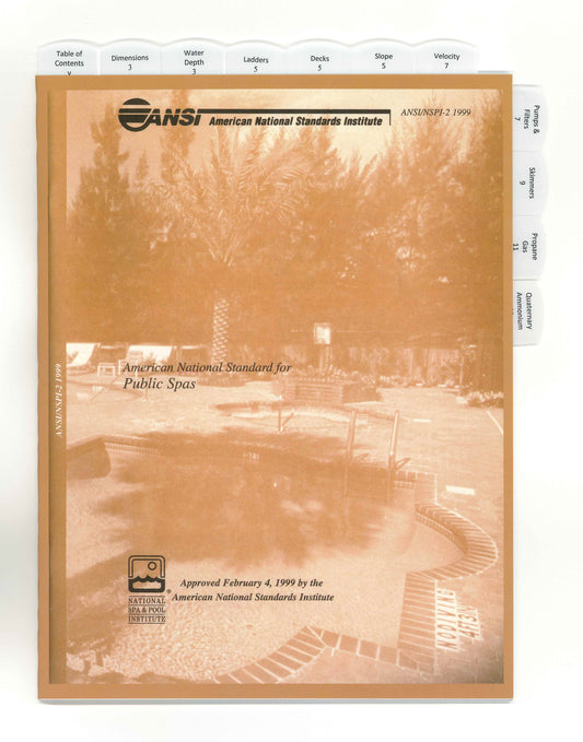 Cover of the ANSI 2 1999 American National Standard for Public Spas with pool design and standards tabs visible
