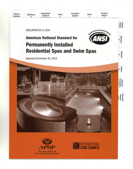 Cover of ANSI 2014 American National Standard for permanently installed residential spas and swim spas with logos and tabbed sections