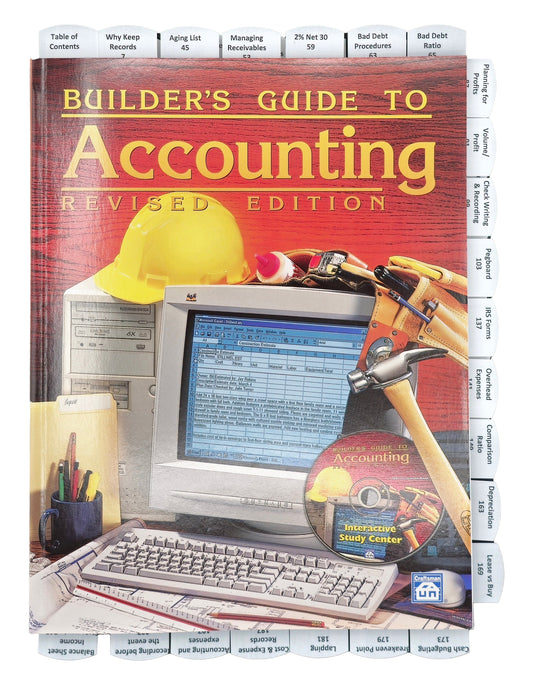 Revised edition of Builder’s Guide to Accounting book cover with construction tools, computer screen, and study CD visible