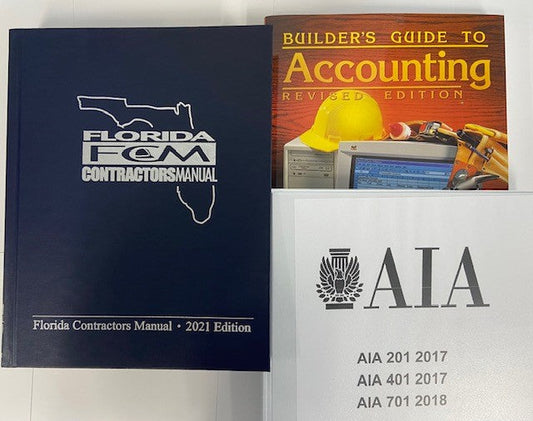 Florida Contractors Manual 2021 Edition with Builder’s Guide to Accounting Revised Edition and AIA documents stacked on white surface