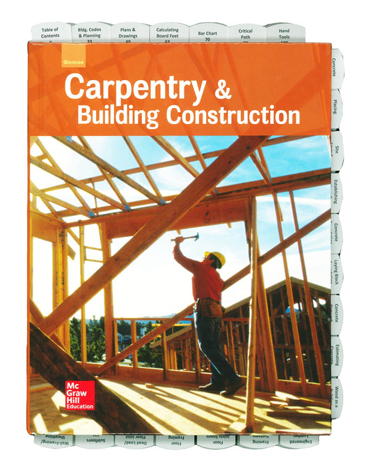 2016 edition of Carpentry and Building Construction book with worker hammering wooden frame inside daylight structure