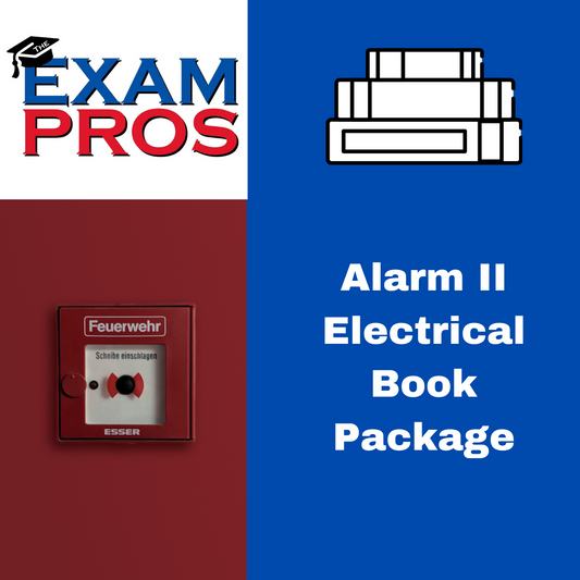 Logo of Exam Pros with graduation cap and text next to alarm systems II electrical book package graphic and fire alarm pull station