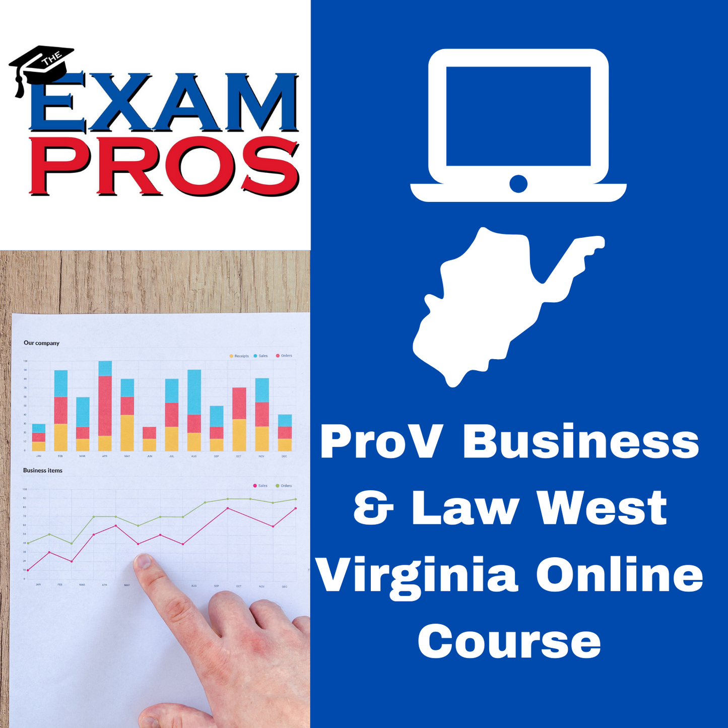 Logo of The Exam Pros with a computer icon and West Virginia map alongside text for ProV Business & Law Online Course