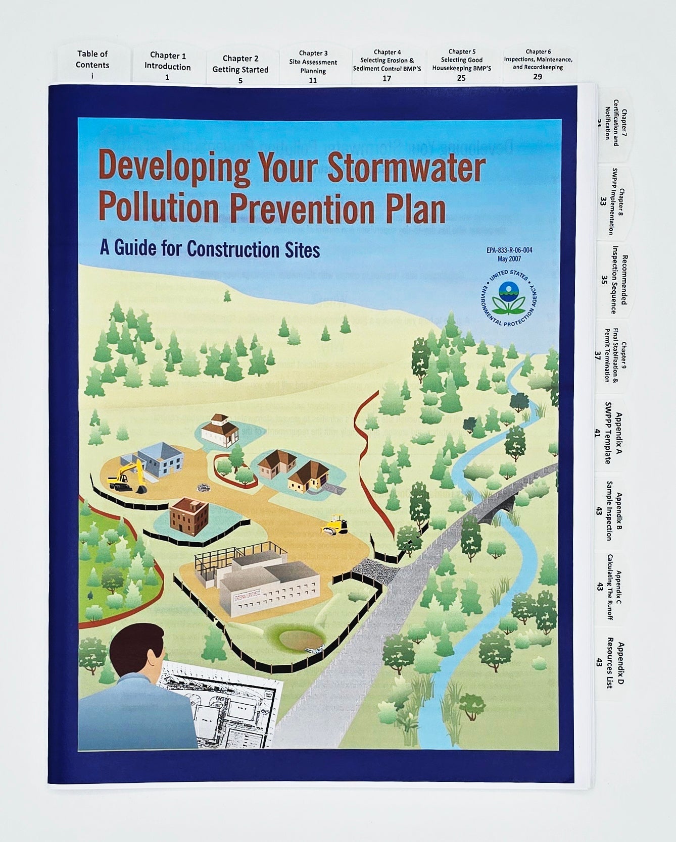Cover of Developing Your Stormwater Pollution Prevention Plan book with illustrated construction site and surrounding landscape