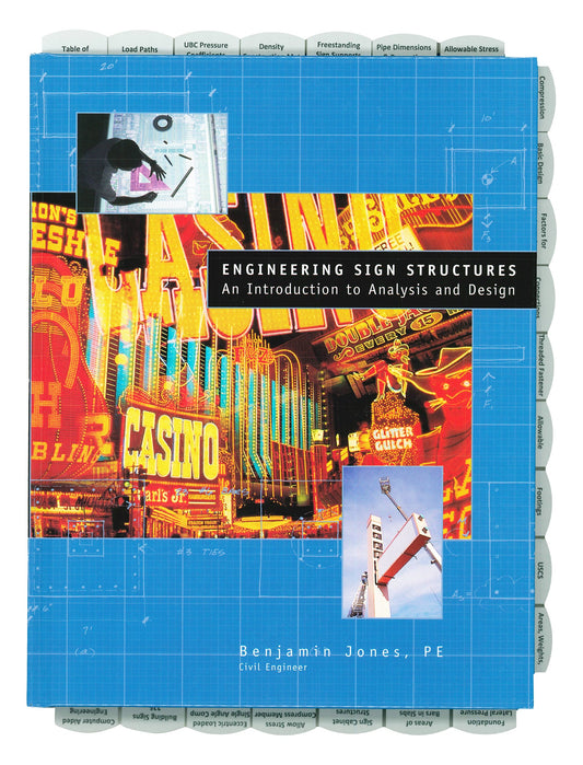 Book cover of Engineering Sign Structures showing blueprint background, illuminated casino signs, and construction images