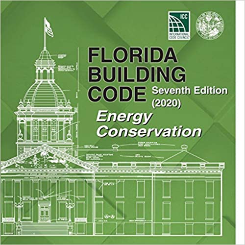 Cover of 2020 Florida Building Code Energy Conservation guide with architectural outline and official seals on green background
