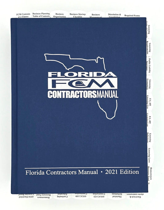 2021 edition Florida Contractors Manual with white state outline and section tabs on blue hardcover for exam prep