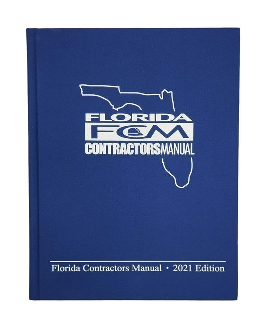 Blue 2021 edition Florida Contractors Manual book with state outline and white text on cover for contractor exam preparation