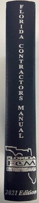 Spine of 2021 edition Florida Contractors Manual with vertical white text and Florida FCM logo on dark blue background