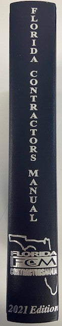 Spine of 2021 edition Florida Contractors Manual book with state outline and bold silver lettering on dark cover