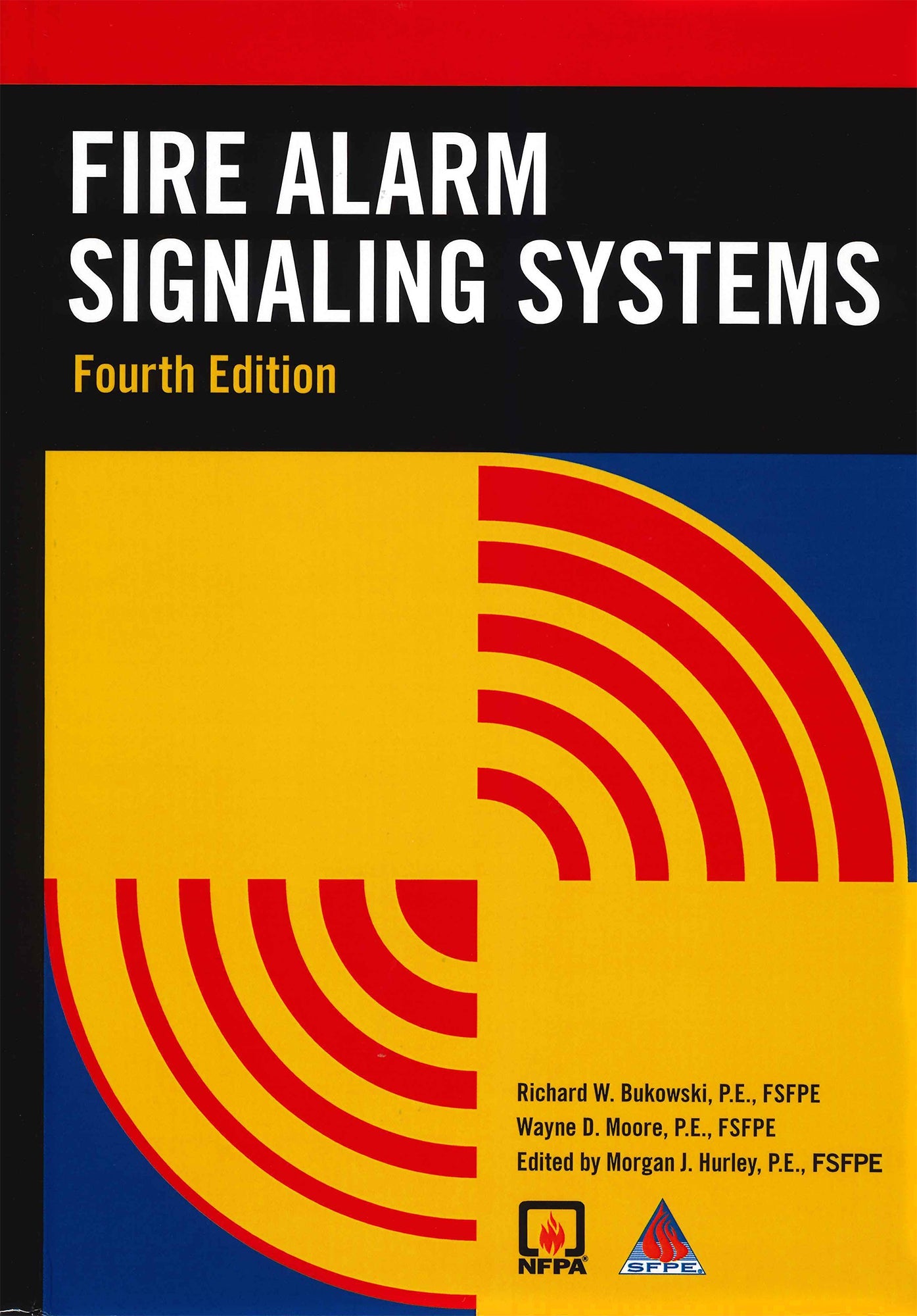 Cover of Fire Alarm Signaling Systems Fourth Edition handbook with geometric red and yellow design on black and blue background