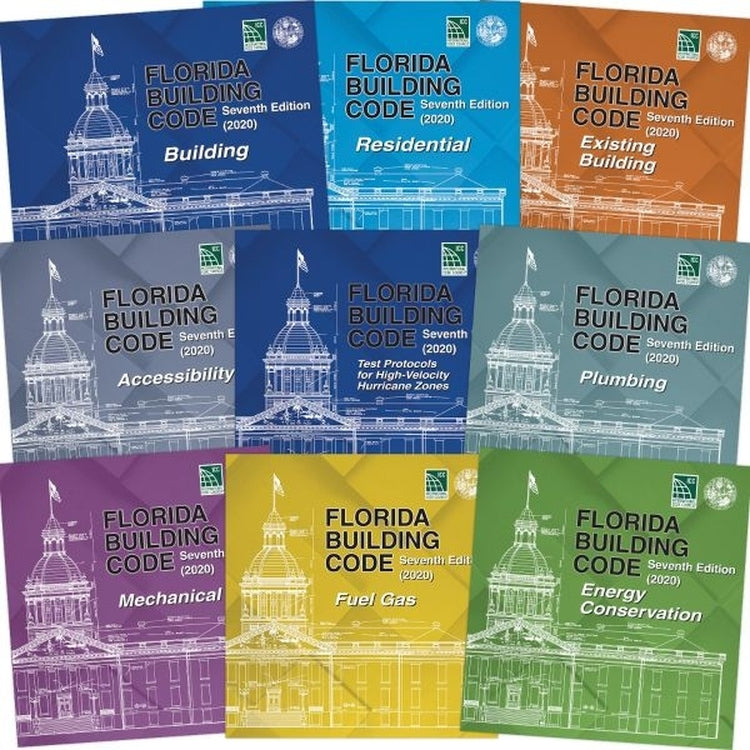 Nine covers of 2020 Florida Building Code editions with state capitol line drawings in various colors