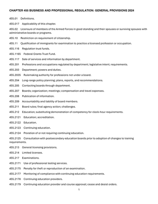 First page of Florida Statutes Chapter 455 (2024) listing sections on business and professional regulation provisions
