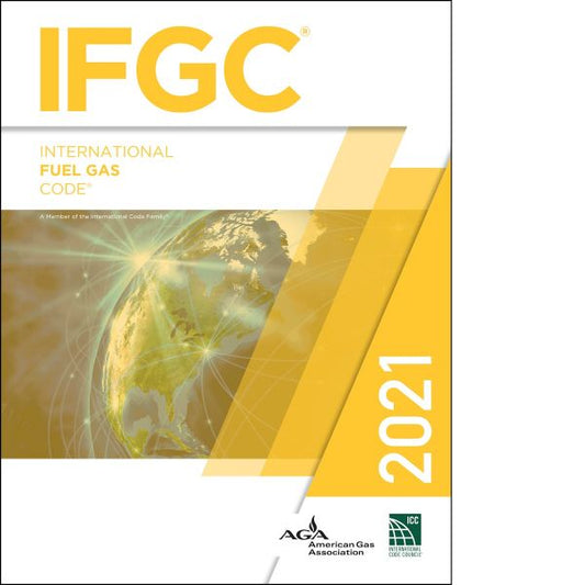 Cover of the 2021 International Fuel Gas Code book with yellow design and globe focused on North America