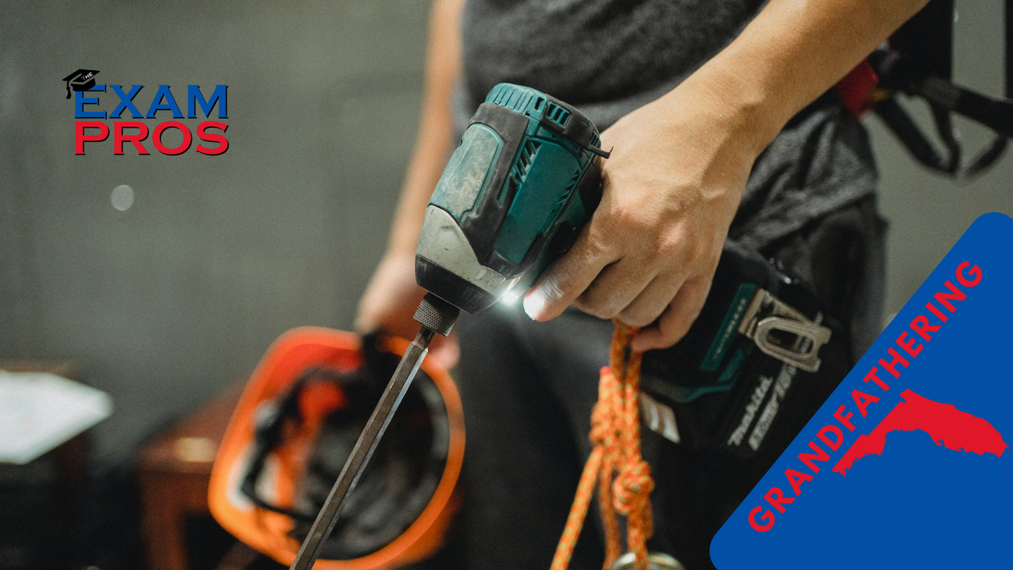 Construction worker using a power drill with Exam Pros logo and grandfathering text on blue background in corner