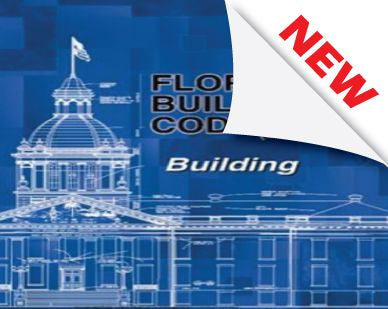 Blue cover featuring white architectural blueprint and peeling corner revealing red "NEW" label for Florida Building Code 2017 Building