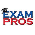 Logo of Exam Pros with blue and red text and a black graduation cap on the letter E on white background