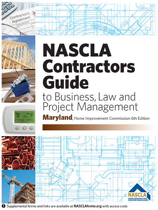 Cover of Maryland NASCLA Contractors Guide to Business, Law, and Project Management, 6th Edition with construction images and blueprints