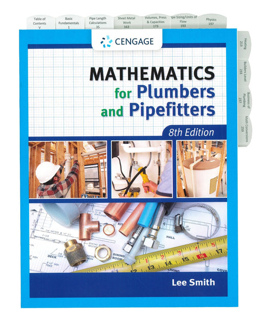Cover of Mathematics for Plumbers and Pipefitters 8th Edition showing plumbing tools, copper pipes, and construction site images
