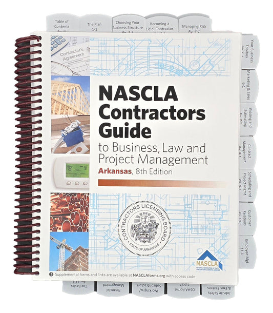 Cover of NASCLA Contractors Guide to Business, Law, and Project Management Arkansas 8th Edition with tabs and construction images