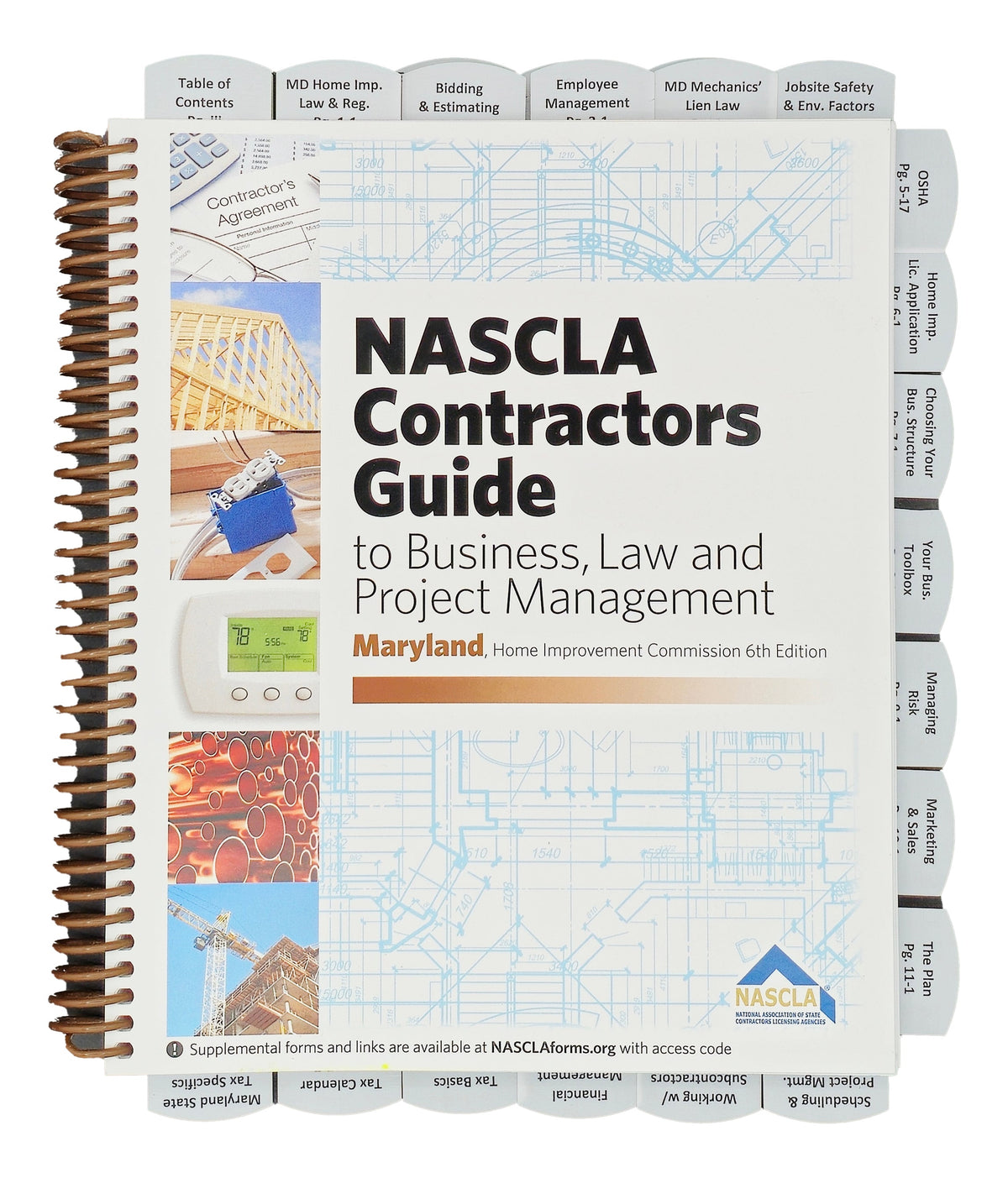 Spiral-bound Maryland NASCLA Contractors Guide 6th Edition with tabs and construction blueprint background