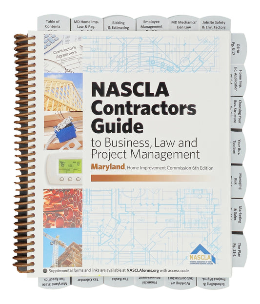 Spiral-bound Maryland NASCLA Contractors Guide 6th Edition with tabs and construction blueprint background
