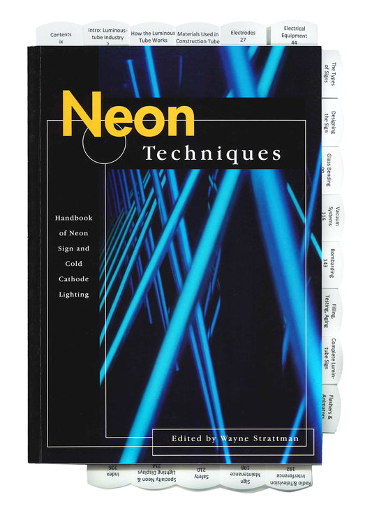 Cover of Neon Techniques 4th Edition showing blue neon tubes and labeled index tabs on black background