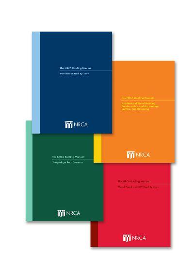 Set of four NRCA Roofing Manuals in blue, orange, green, and red covers for roofing contractor exam prep