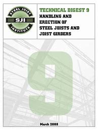Cover of Technical Digest 9 on handling and erection of steel joists and joist girders with structural steel background
