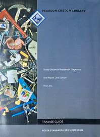 Blue cover of study guide for residential carpentry with various hand tools and construction images arranged vertically on left side