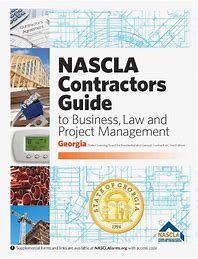 Cover of NASCLA Contractors Guide for Georgia featuring construction images and architectural blueprints on white background