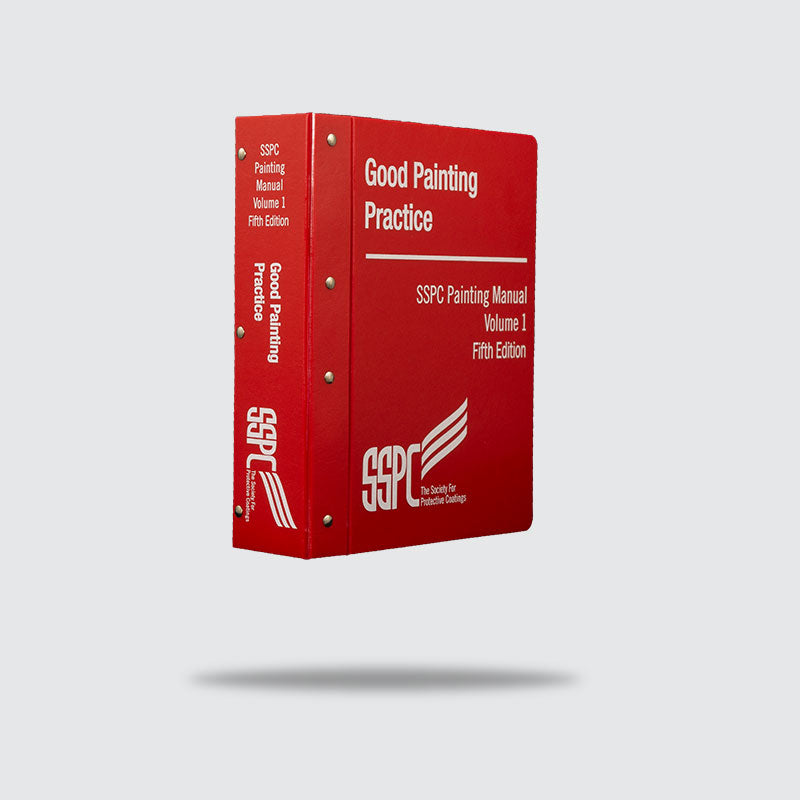 Red hardcover SSPC Good Painting Practice manual, Volume 1, fifth edition, with white text and logo on cover and spine