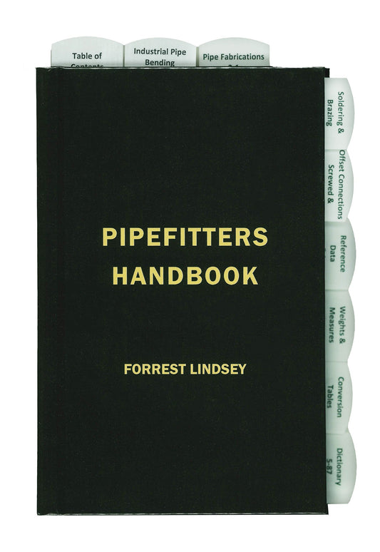 Black cover of Pipefitters Handbook by Forrest Lindsey with gold title text and visible white tabbed sections on side and top edges